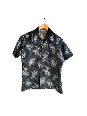 Vtg 70s Sage Hawaiian Shirt M Black Blue Floral Dagger Collar Disco